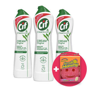 Cif Drhnúci krém Original 3x500ml + Darčeková špongia Scrub Mommy