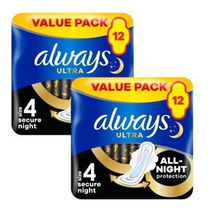 Always Ultra Secure Night hygienické vložky s krídlami 2x12ks