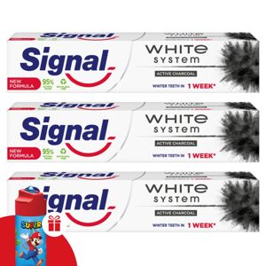 Signal White System zubná pasta s dreveným uhlím 3x75ml + darčeko...